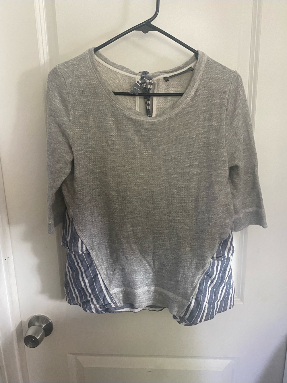 Sunday in Brooklyn Gray Layered Knit Top with Blue-White Stripe Hem